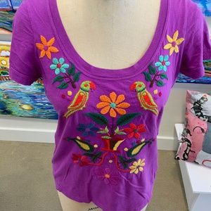 Johnny Was Bright Purple Floral Multi EmbroideryTee Shirt Sz M